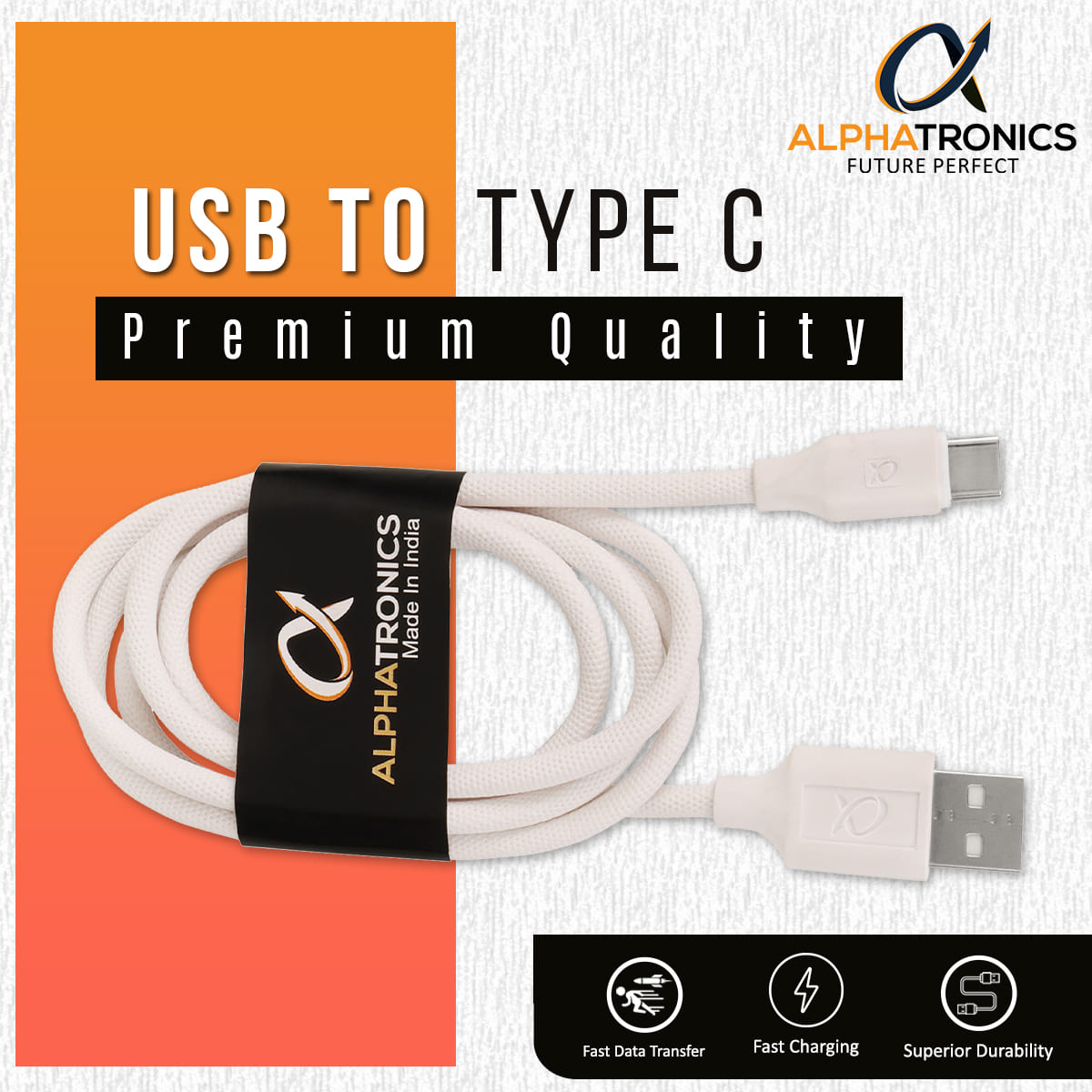 Alphatronic 3A Fast Charging 1.5m Braided Type C Cable For Smartphones, Tablets & Other Type C Devices, 480Mbps Data Sync, Quick