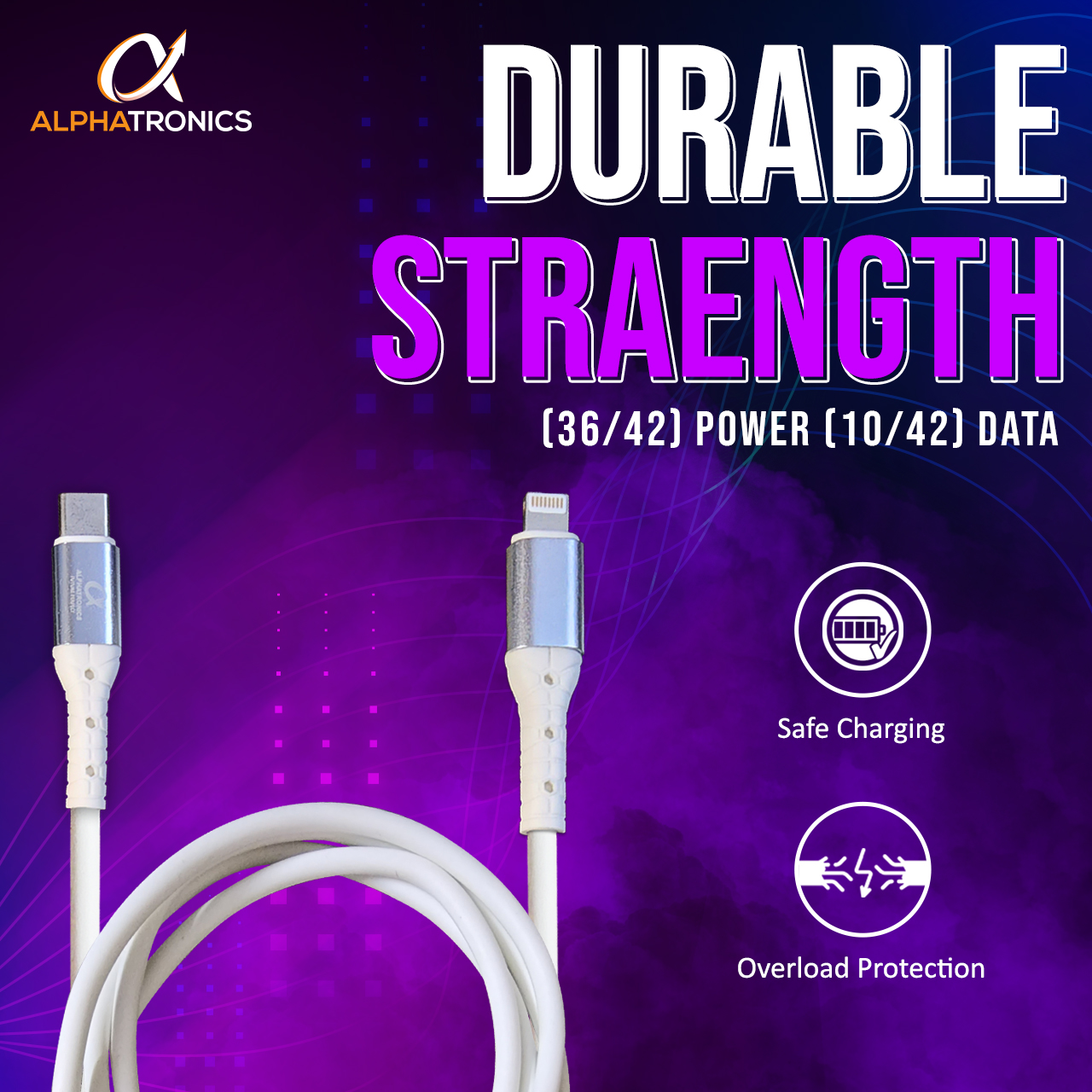 Alphatronics Power Type-C to Lightning USB Cable, Fast Charging, 480Mbps Data Sync Cable Compatible with iPhone, iPad, AirPods