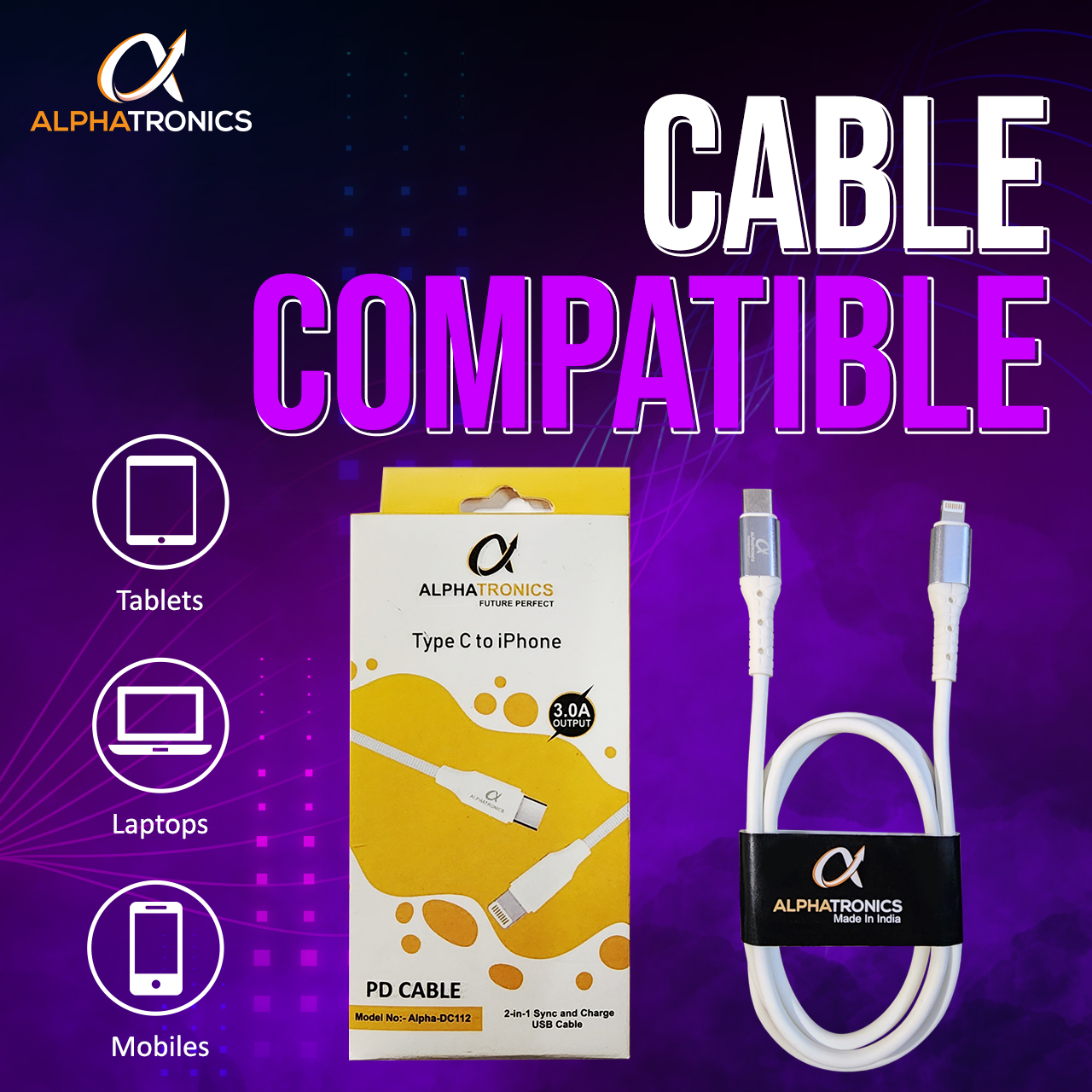 Alphatronics Power Type-C to Lightning USB Cable, Fast Charging, 480Mbps Data Sync Cable Compatible with iPhone, iPad, AirPods